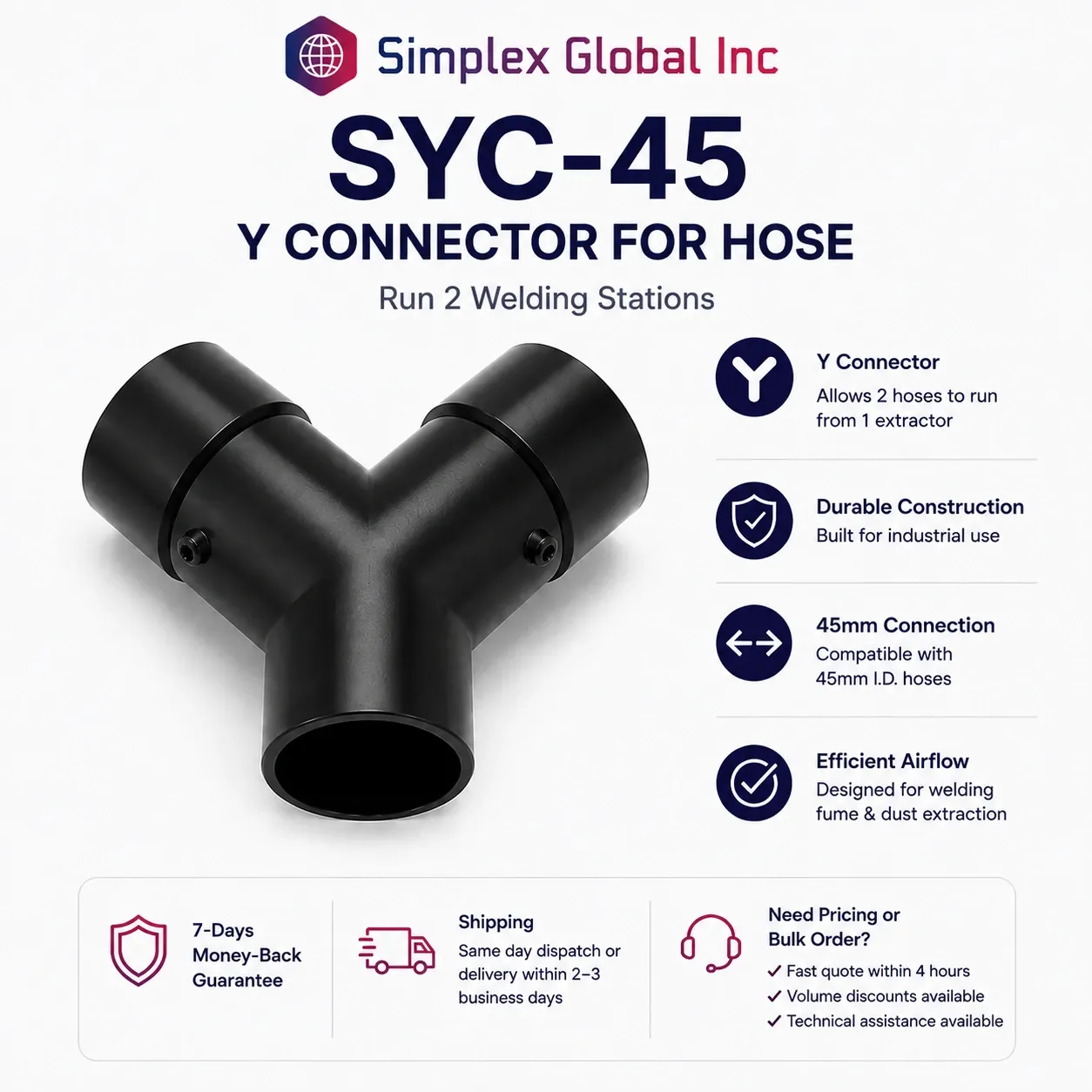 SYC-45 – 45mm Y Connector for Welding Fume Extraction Hose